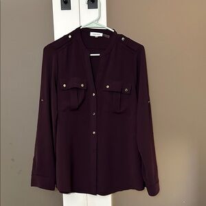 Calvin Klein Women's Deep Purple Blouse with Gold Buttons